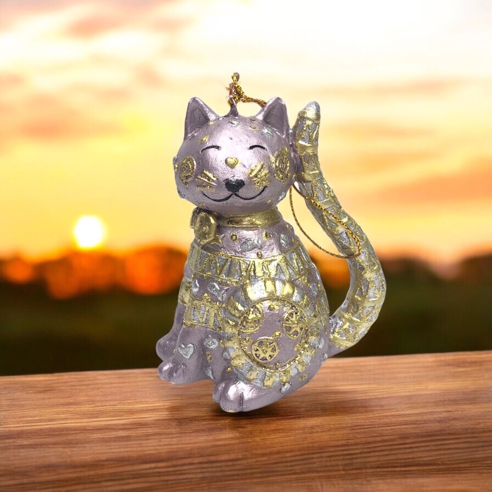 Vintage Kitty Cat Glittery Christmas Ornament Fantasy Gold Lavender Hand Painted
